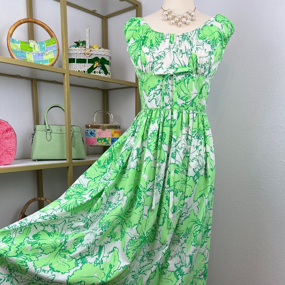 SOLD "The Lilly" Lilly Pulitzer 1970's Green/White Peasant Maxi Dress Vintage 14